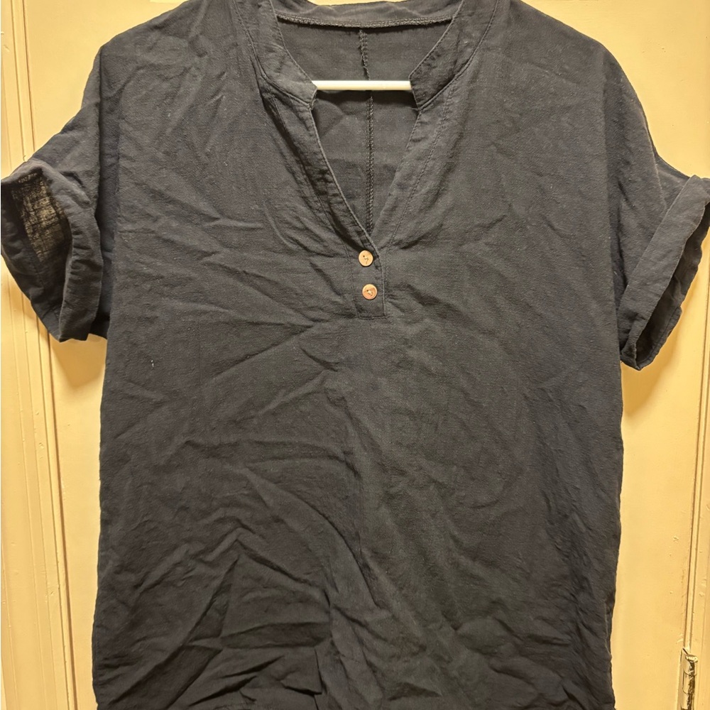 Black Linen Short Sleeve Henley Top